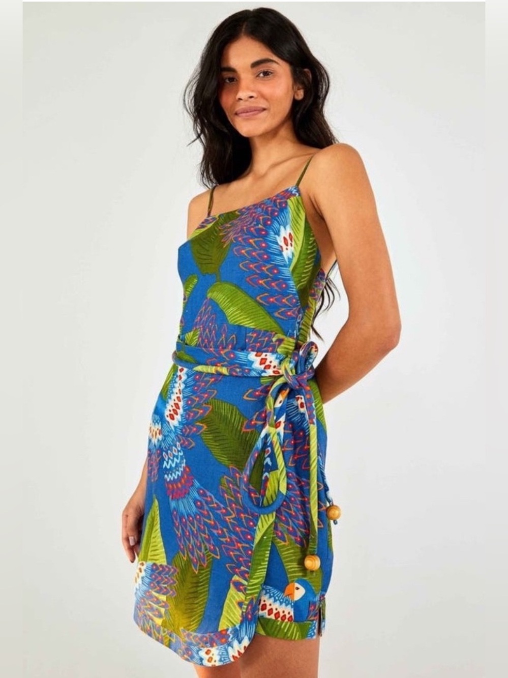 FARM Rio Blue Tropical Leaf & Parrot Mini Dress